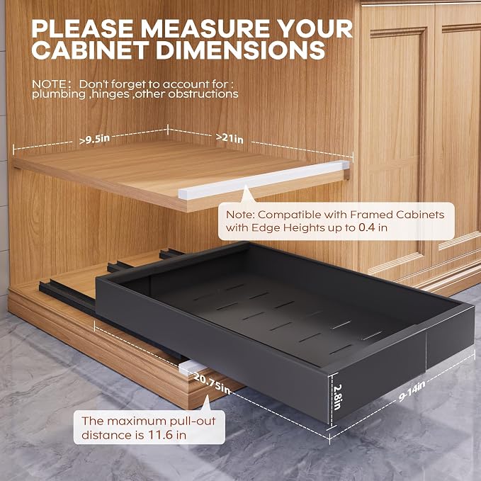 Seinloes 2 Pack Expandable Pull Out Cabinet Organizer 21" Deep with Raising Pad for Framed Cabinets,Upgrade 3 Slide Rails Slide Out Drawers,Roll Out Shelves Adhesive,Adjustable Width 9"-14.1" Black - Image 4