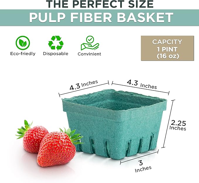 FMP Brands [250 Pack] Pint Green Molded Pulp Fiber Berry Basket Produce Vented Container for Fruit and Vegetable, Farmer Market, Grocery Stores and Backyard Party - Image 2