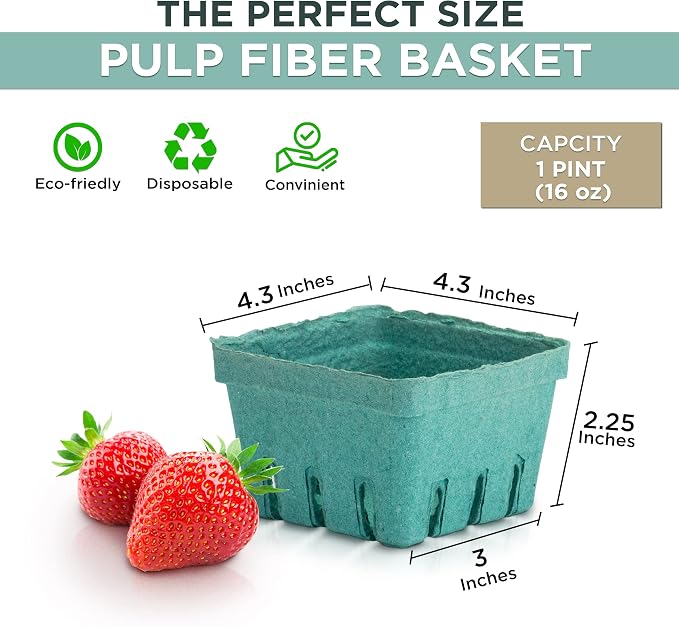 FMP Brands [250 Pack] Pint Green Molded Pulp Fiber Berry Basket Produce Vented Container for Fruit and Vegetable, Farmer Market, Grocery Stores and Backyard Party - Image 2