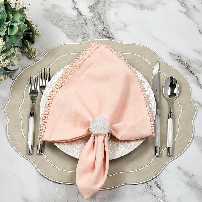 Cotton Napkins with Hand-Knotted Trim, Set of 4 – Cute Reusable Large Cloth Napkin for Dining, Weddings, Summer & Lovely Gift, 22 x 22 Inch, Peach Pink - Image 5