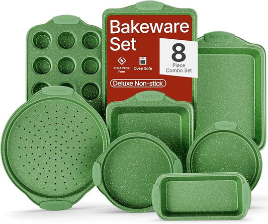 BAKKEN Kitchen Baking Pan Set - Nonstick Green Marble Coating, Carbon Steel Bakeware Sets with Green Silicone Handles, Kitchen Essentials, PFOA, PFOS, PTFE Free, Oven Safe (Up To 450° F), Set of 8 by BAKK%C3%8BNMASTER