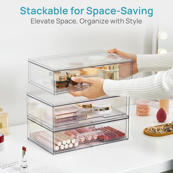 Vtopmart Clear Stackable Storage Drawers, 2 Pack Wide Plastic Organizers | Clear Pull-Out Plastic Drawers, Stackable Design for Makeup Palettes, Cosmetics, Beauty Supplies, Vanity, Cabinet and Desk - Image 7
