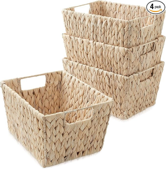 Casafield Set of 4 Water Hyacinth Storage Baskets with Handles - Whitewash White, Woven Storage Bins for Shelves, Blankets, Laundry Organization by Casafield