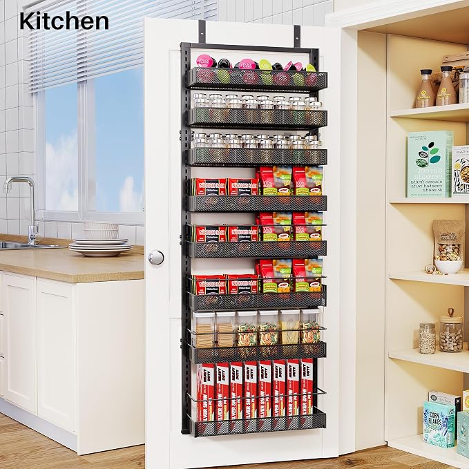 SNTD 8 Tiers Over the Door Organizer, 17" W x 6" D x 69" H, Black | Pantry Door Organizers and Storage, Height Adjustable Spice Rack, Dense Mesh Baskets, Anti-Swing, Adjustable Door Fastener - Image 8