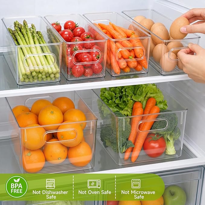 YKIOKE 8 Pack Clear Plastic Storage Bins with Handles, Stackable Organizer | BPA-Free, 4 Large & 4 Small Stackable Organizer Containers for Kitchen Cabinets, Countertops, Drinks, Fruits, Vegetables - Image 3