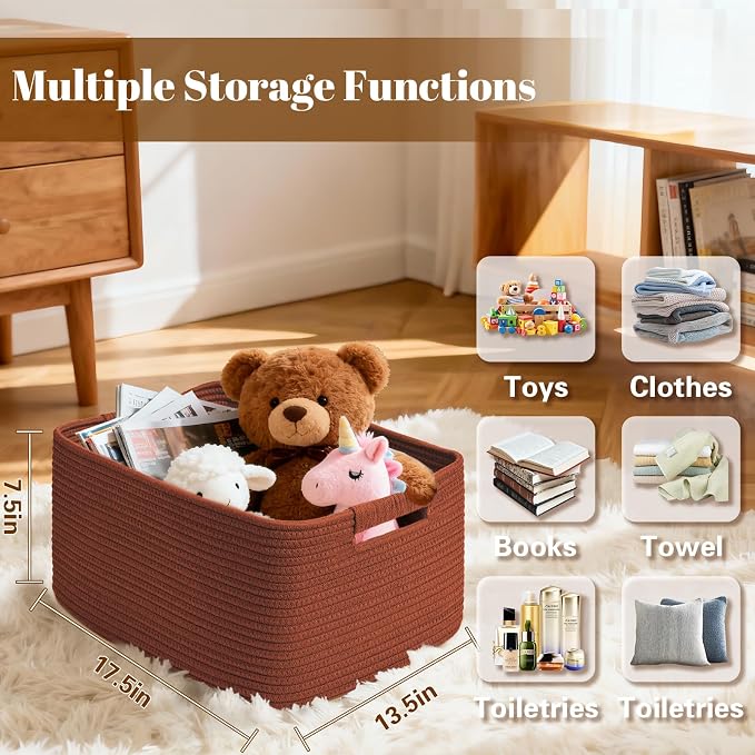 2 Pack Large Storage Basket for Organizing, 17.5"x13"x7" Woven Basket for Shelves, Closet Cube Storage Bins with Wrapped Handle, Cotton Rope Baskets for Kitchen, Clothes, Toys(Oxide Red) - Image 2