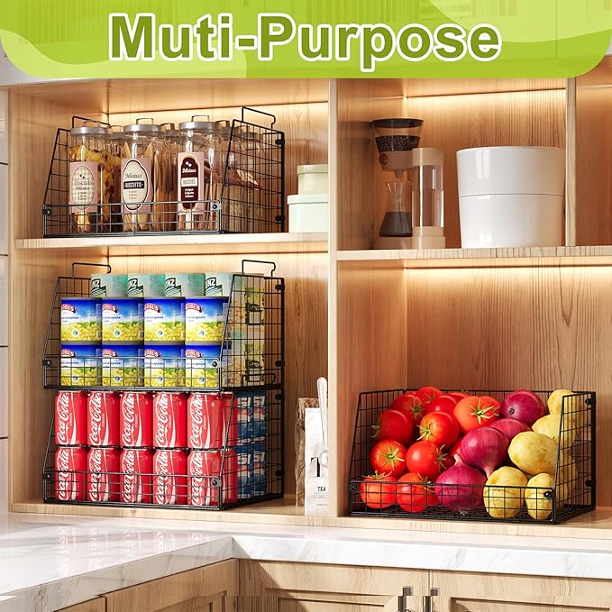 Jakyitvi 4 Pack XXL Stackable Wire Storage Basket, Extra Large Capacity Pantry Organizer and Storage, Muti-Purpose for Vegetable Fruit Basket & Can Organizer & Snack Rack & Metal Pantry Bin - Image 6