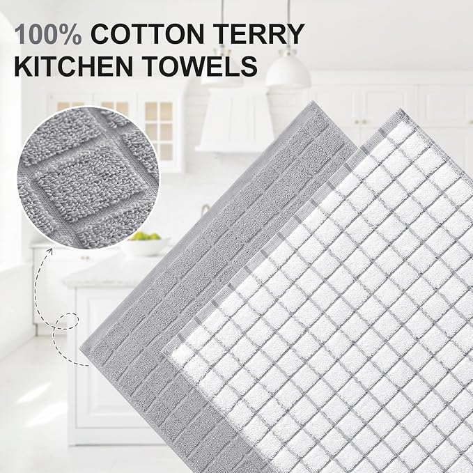 Homaxy Large Premium Cotton Kitchen Towels 16"x 28", 8 Pack, Light Grey | Natural Ring Spun 390 GSM Dish Towels, Super Absorbent Terry Kitchen Hand Towels, Soft Tea Towels with Hanging Loop - Image 2
