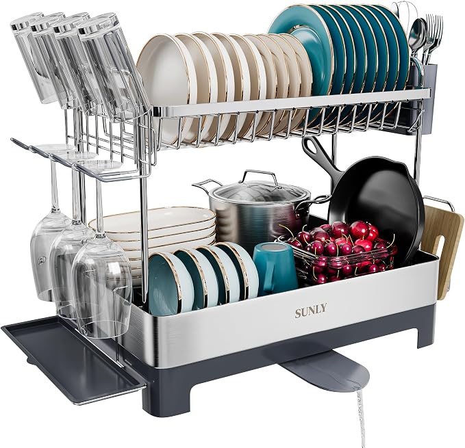 Large Dish Drying Rack, Multipurpose 2 Tier Dish Racks for Kitchen Counter, 304 Stainless, Extra Large Drain Board, Gray by SUNLYHOME