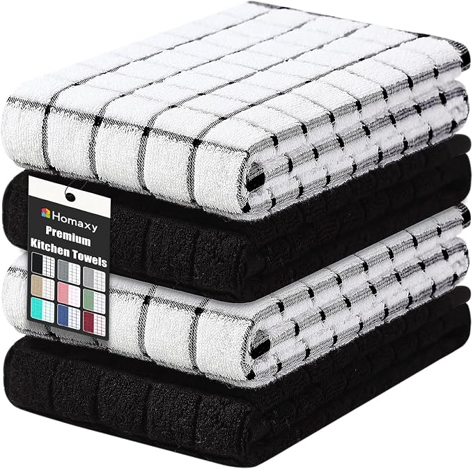 Homaxy Large Premium Cotton Kitchen Towels 16"x 28", 4 Pack, Black | Natural Ring Spun 390 GSM Dish Towels, Super Absorbent Terry Kitchen Hand Towels, Soft Tea Towels with Hanging Loop by Homaxy