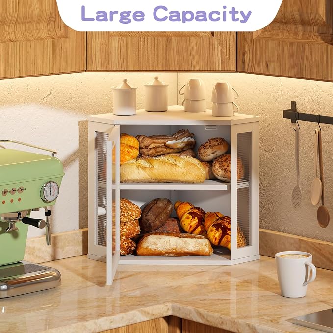 Corner Bread box for Kitchen Countertop,Farmhouse Bread Box with Acrylic Wavy Door Panel,Large Bread box for kitchen countertop,Kitchen Countertop Food Storage Container (White, Meduim) - Image 5
