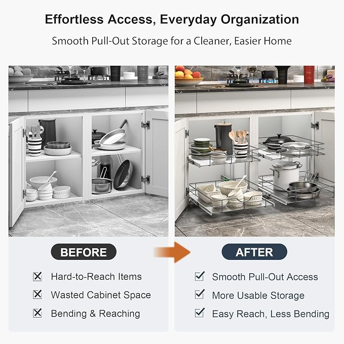 2 Tier Pull Out Cabinet Organizer - 23" W x 22" D Soft Close Slide Out Shelves with Shelf Liners - Pullout Drawers for Kitchen Cabinets, Pantry, Bathroom, Heavy Duty Steel Wire Baskets - Image 5
