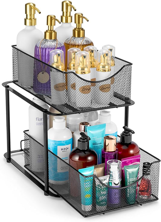 Sorbus 2 Tier Metal Under Sink Organizer for Bathroom, Kitchen, Strong Steel Mesh Sliding Drawers for Under Sink, Under Cabinet, Closet, Kitchen, Pantry, Bathroom Organizers and Storage (Black) by Sorbus