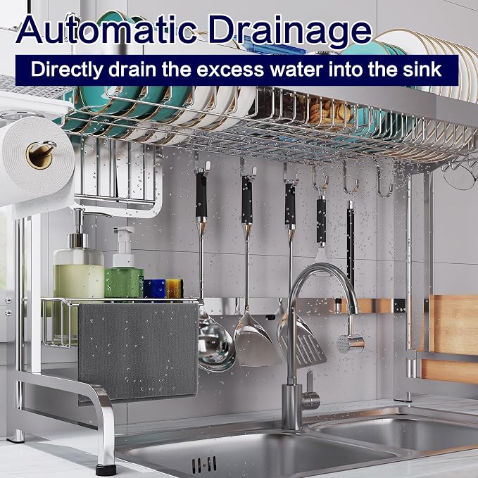 LIVOD Over The Sink Dish Drainer Drying Rack, 2 Tier Full Stainless Steel Storage Adjustable Length Kitchen Rack, Multifunctional Expandable Counter Organizer, Space Saver Dish Rack - Image 5