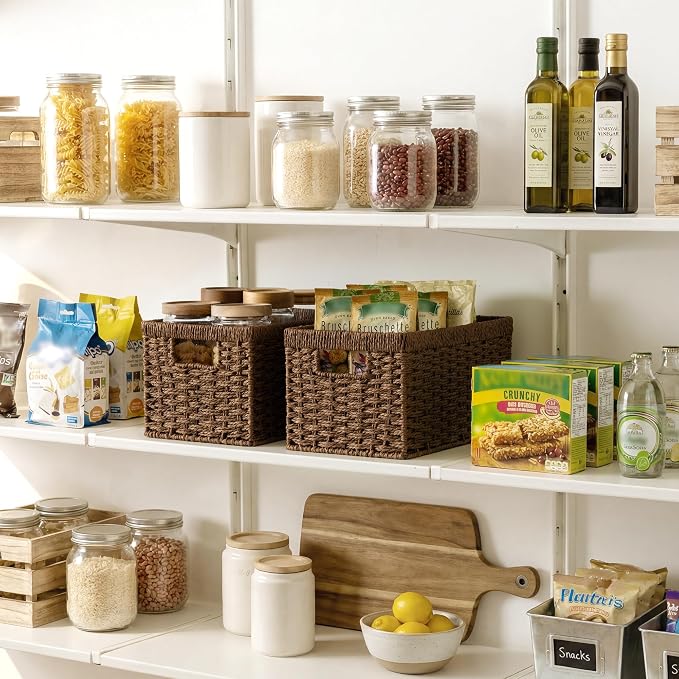 StorageWorks Rectangular Wicker Storage Baskets for Organizing, 2-Pack | Paper Rope Wicker Storage Baskets for Shelves, Dark Brown Wicker Baskets with Handle, Brown Baskets for Storage,Woven Baskets - Image 2