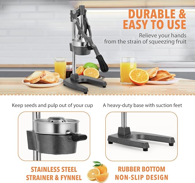 19 Inch Height Extra Tall Commercial Heavy Duty Cast Iron Hand Press Manual Orange Citrus Lemon Lime Grapefruit Pomegranate Fruit Juice Squeezer Machine with Stainless Steel Cup Grey - Image 6