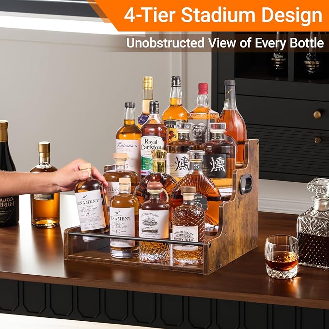 YQBRAO 2-Pack 4-Tier Liquor Bottle Display Shelf, 16-Inch, Rustic Brown | Two racks hold up to 32 bottles total for bourbon, spirits, home bars, dining areas, and entertaining spaces. - Image 2