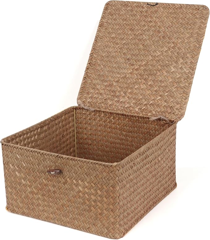 Moosky Wicker Shelf Baskets with Lid, Handwoven Seagrass Storage Basket Bins Square Gift Boxes for Shelves Home Decor Organizer (Coffee, Large) by Moosky