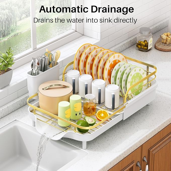 SAYZH Expandable Dish Drying Rack for Small Kitchen Counter, Gold | Stainless Steel, Protective Guardrail, Angled Drainboard, Fits High-Rim Sinks, Removable Utensil Holder - Image 4