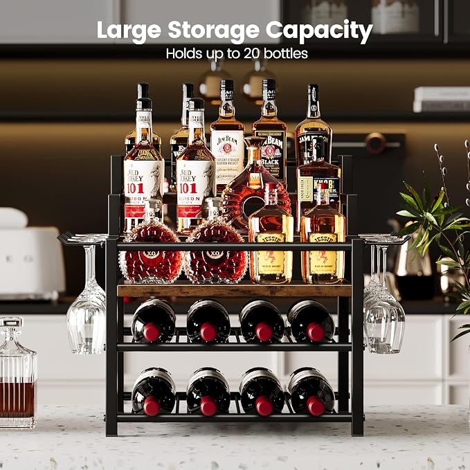 5-Tier Liquor Bottle Display Shelf, Holds up to 20 Bottles, Countertop Wine Racks with 6 Wine Glass Holders, Mini Wine Bar Cabinet for Home, All in One Coffee Syrup Whiskey Organizer - Image 5