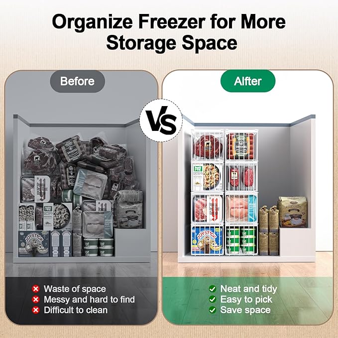 Freezer Organizer Bins, 6 Pack Big Baskets for 5/ 7 Cu.FT Deep Freezer | Stackable Chest Freezer Organizer Bins, Foldable Baskets with Handles, White Storage Container Baskets for Sort Frozen Meats - Image 6