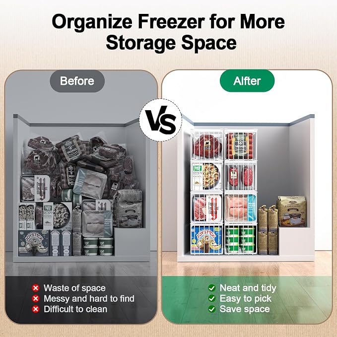 Freezer Organizer Bins, 4 Pack Big Baskets for 5/ 7 Cu.FT Deep Freezer | Stackable Chest Freezer Organizer Bins, Foldable Baskets with Handles, White Storage Container Baskets for Sort Frozen Meats - Image 6
