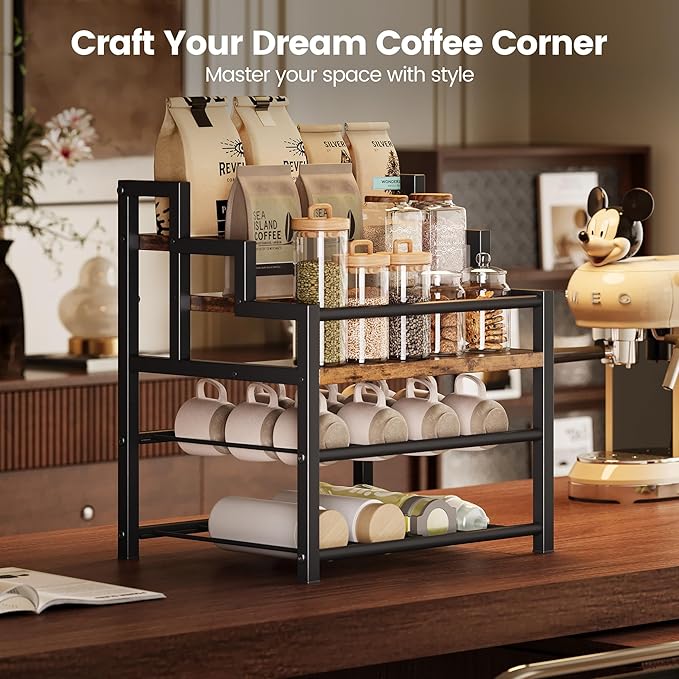 5-Tier Liquor Bottle Display Shelf, Holds up to 20 Bottles, Countertop Wine Racks with 6 Wine Glass Holders, Mini Wine Bar Cabinet for Home, All in One Coffee Syrup Whiskey Organizer - Image 3