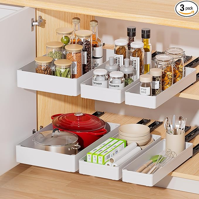 Delamu 3 Pack Pull Out Cabinet Organizer, 15.7"Deep Pull Out Drawers for Cabinets, Slide Out Drawers for Kitchen Cabinets, Bathroom Cabinet Organizer, Pantry (White) by DELAMU