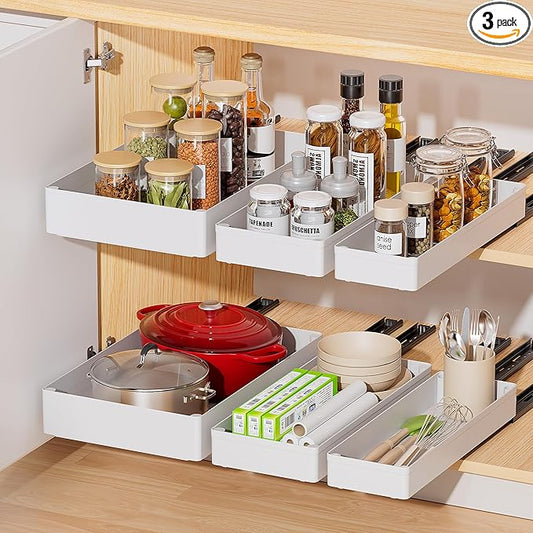 Delamu 3 Pack Pull Out Cabinet Organizer, 15.7"Deep Pull Out Drawers for Cabinets, Slide Out Drawers for Kitchen Cabinets, Bathroom Cabinet Organizer, Pantry (White) by DELAMU