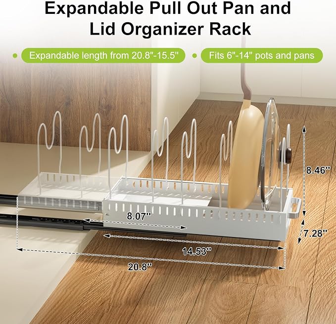 Pots and Pans Organizer Under Cabinet with Drain Board, Pull-out Expandable Pot Lid Organizer inside Cabinet Holder with 10 Adjustable Compartment, Rack for Cutting Board, White (Pack of 2) - Image 2