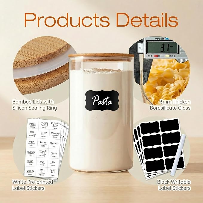 HomArtist Glass Jars with Bamboo Lids 28 floz [Set of 8], Glass Canisters with Airtight Lids, Glass Food Storage Containers for Pasta, Oats, Coffee, Flour, Sugar, Rice, Best for Kitchen & Pantry - Image 5