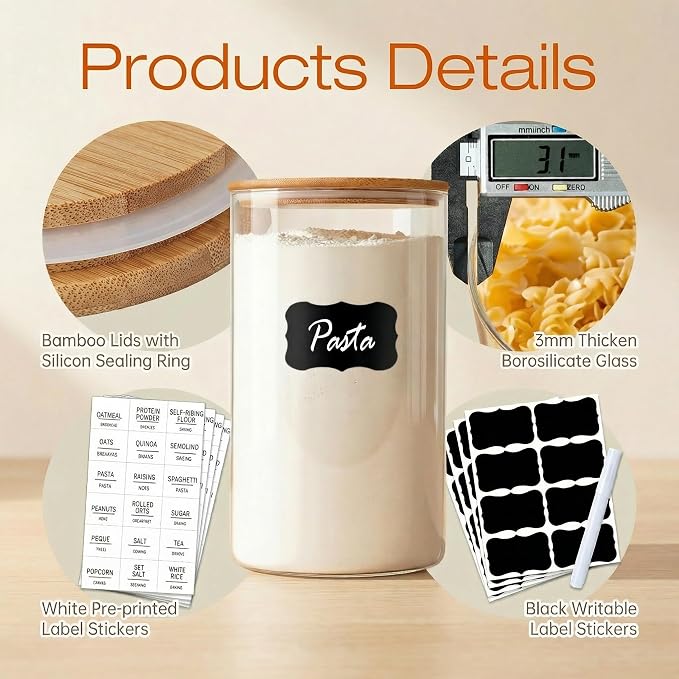 HomArtist Glass Jars with Bamboo Lids 28 floz [Set of 8], Glass Canisters with Airtight Lids, Glass Food Storage Containers for Pasta, Oats, Coffee, Flour, Sugar, Rice, Best for Kitchen & Pantry - Image 5