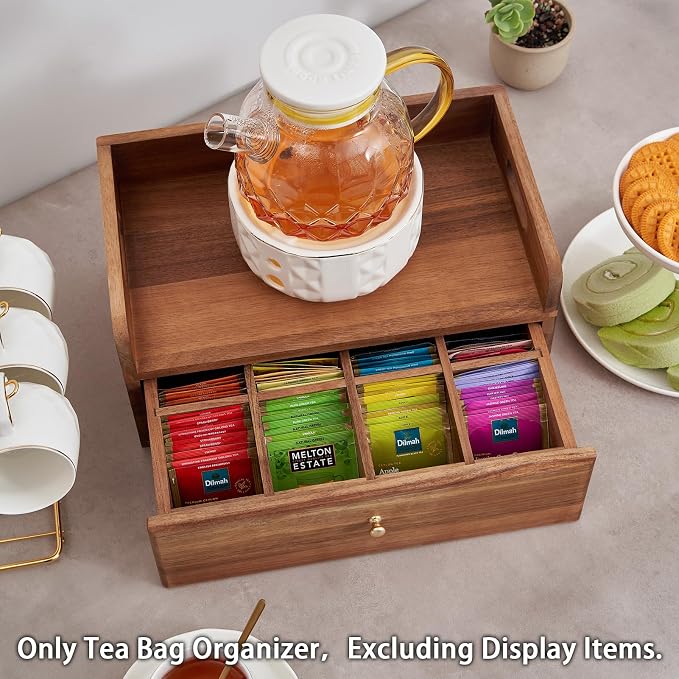 SARUFO Acacia Wood Tea Bag Organizer with Drawer - Tea Station Chest and Storage Box, Coffee and Teabag Holder with 8 Compartments, Containers and Boxes for Countertop Display - Image 3