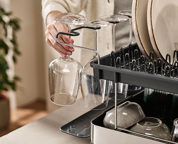 Joseph Joseph Dish Drying Rack with Wine Glass Holder - Space-Saving 2-Tier Design with Fast Draining System - Image 4