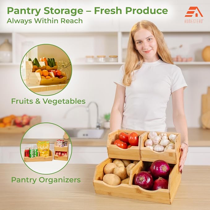 HOMESTEAD Bamboo Pantry Storage Bins – Stackable Potato & Onion Storage Bin for Kitchen Countertop, Pantry Organizer, Fruit Vegetable Basket, Multiuse - Set of 3 Slide-Out Access - Image 4