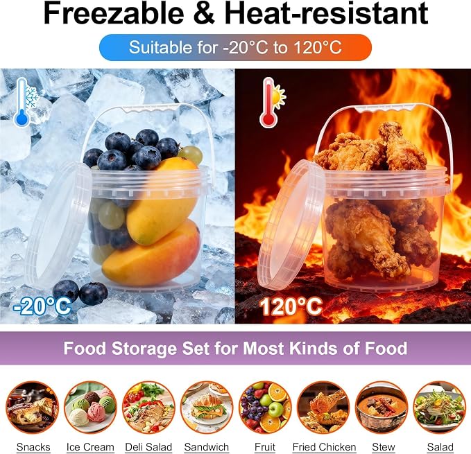 6 Pack 1 Gallon Food Grade Plastic Buckets with Screw Lids & Handle, Reusable Storage Containers for Snacks, Salad, Sauce - Clear Freezer Safe Bucket Set (Transparent) - Image 3