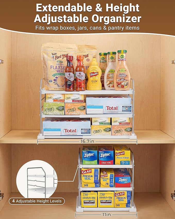 EVERIE Extendable 3-Tier Kitchen Cabinet & Pantry Organizer for Plastic Wrap, Foil & Storage Bags, Adjustable Heavy Duty Shelf Rack for Wrap Boxes, Jars & Snack Boxes (11–16.7 in Wide), Pack of 1 - Image 3