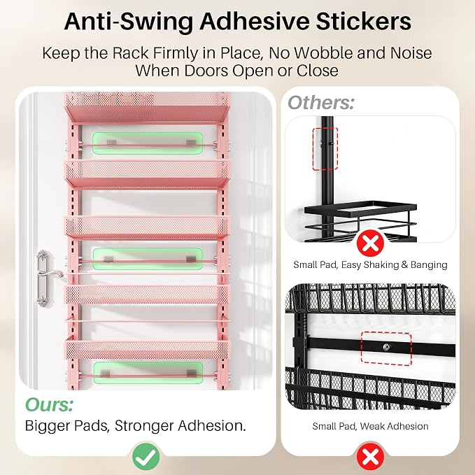SNTD 8 Tiers Over the Door Organizer, 17" W x 6" D x 69" H, Pink | Pantry Door Organizers and Storage, Height Adjustable Spice Rack, Dense Mesh Baskets, Anti-Swing, Adjustable Door Fastener - Image 6