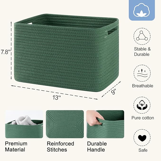 4 Pack Storage Baskets for Organizing, Woven Baskets for Shelves - Perfect for Toys, Books, Towels, and Clothes, Durable Gift Basket Bins Toy Storage, 12.7''L x9''W x7.8''H, Green - Image 3