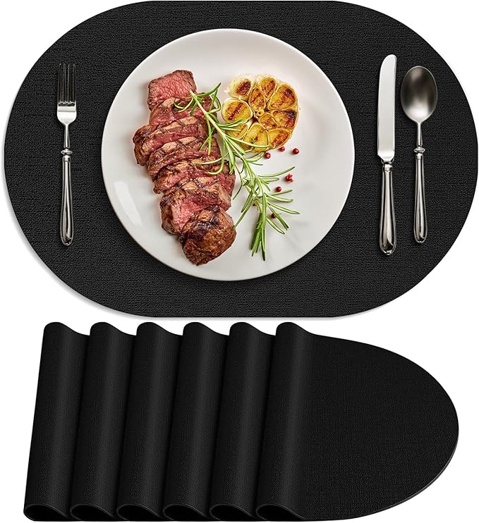 Placemats for Dining Table Set of 6 Non-Slip, Heat Resistant Oval Leather Placemat Double Layer, Waterproof Table Mats Easy to Clean for Kitchen Dining Room Coffee Office Table, Black by Delicateandelegantplacemats