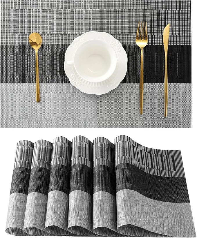 Leetaltree Grey with White Striped Placemats Set of 6 - Heat Resistant Non-Slip Place mats for Dining Table, Washable Durable PVC Vinyl Woven Table Mats（Grey Stripe, 6） by Leetaltree-ArtatEveryTable
