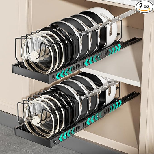 2 Pack Pots and Pans Organizer Under Cabinet, Expandable Pull Out Pot Lid Organizer with 10 Adjustable Dividers, Slide Out Pan Organizers Inside Cabinet for Kitchen Cabinets Drawers by Unknown