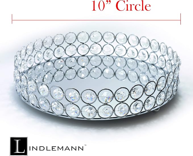 Crystal Decorative Tray Metal Mirrored Perfume Cosmetic Organizer Jewelry Trinket Display Storage Vanity Trays Home Décor Accents Luxury Gift (Round, 10in, Silver) - Image 3