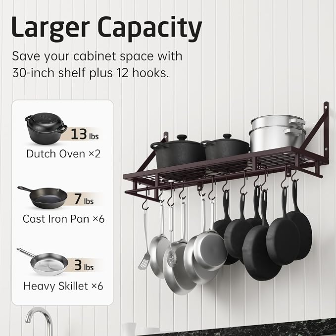 KES 30-Inch Wall Pot Rack, Oil Bronze, 88lb Capacity, 12 Hooks, Farmhouse | Carbon Steel Construction, Reinforced Grid Shelf, Stud Mounting, 12 S-Hooks, Rust-Resistant, Indoor Kitchen Organizer - Image 3