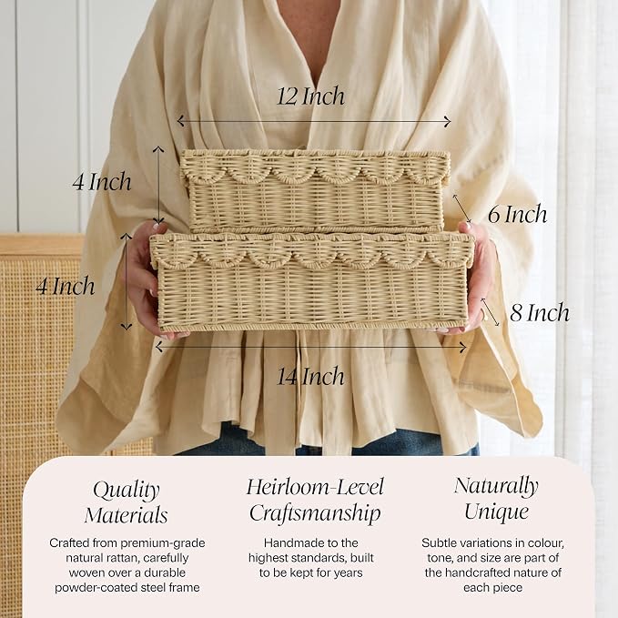 BEBE BASK Stackable Decorative Storage Boxes with Lid, Set of 2-14×8×4 in | Handwoven, Scalloped Wicker Basket for Home Decor, Baby Keepsake Box & Memory Box for Keepsakes for Nursery - Image 4