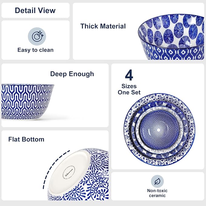 Selamica Ceramic Mixing Bowls, Nesting Bowls Set of 4 for Mixing, Baking, Prepping, Cooking, Salad, 20/36/60/123 oz, Microwave & Dishwasher Safe, Vintage Blue - Image 6