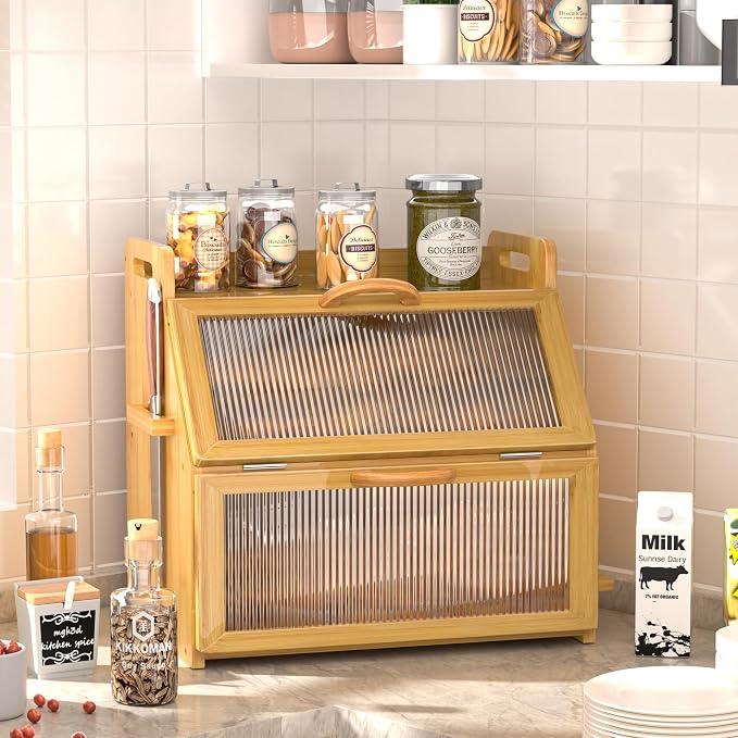 Bread Box for Kitchen Countertop, Large Bread Storage Container for Homemade Bread, Wooden Farmhouse Breadbox Organizers, Double Layer Bread Bin with Acrylic Window Bread Holder, Brown - Image 6