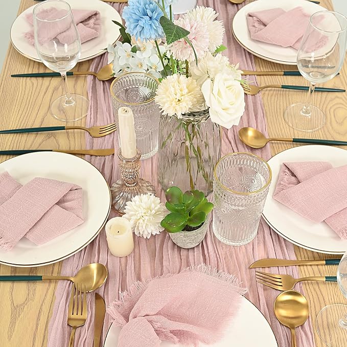 36 Pack Pink Cloth Napkins, 16 x 16 Inch Cotton with Fringe Settings | Handmade washable reusable cotton dinner napkins in bulk for weddings, parties, rustic boho table settings - Image 9