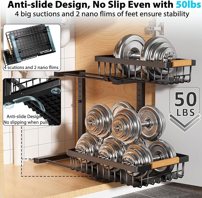 Liuoud Under Sink Organizer 2 Pack, 2 Tier Slide Out Large Capacity Height Adjustable Under Sink Organizers and Storage for Kitchen Bathroom Cabinet, Black - Image 4