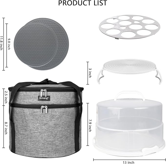 12 Inch Cake Carrier with Lid & Handle BPA-Free Cake Transport Container, Includes Insulated Bag, Cupcake & Pie Holders for Secure Dessert Delivery (Fits 7" Tall Cakes) (Grey) - Image 7